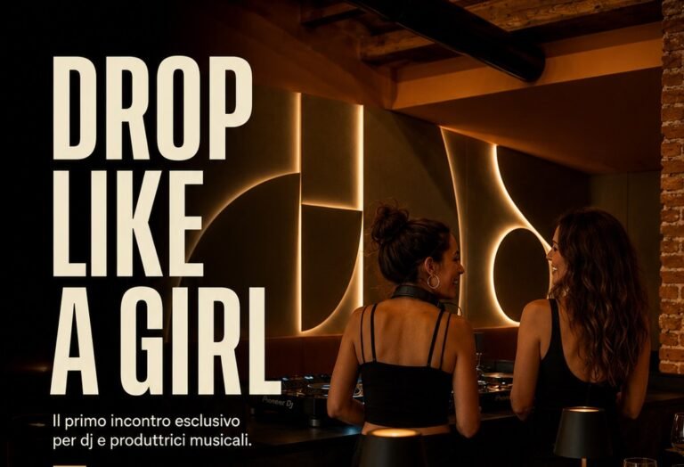 Promotional backdrop with 'DROP LIKE A GIRL' and two female DJs at a dim, warm-lit club booth.