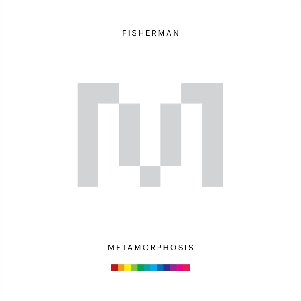 Poster with 'FISHERMAN' centered above a gray geometric grid; rainbow color bar below and 'METAMORPHOSIS' at the bottom.