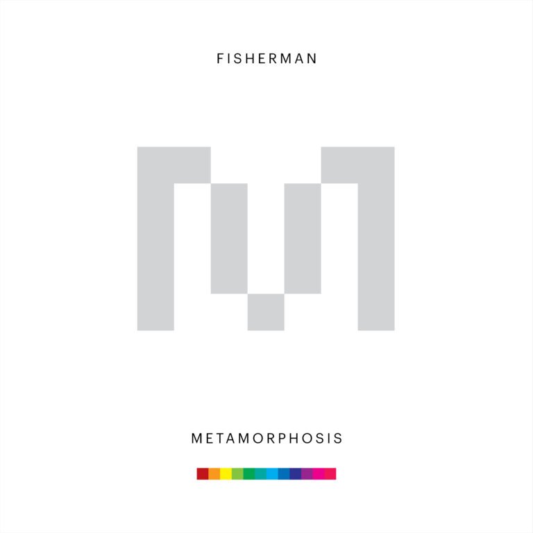 Poster with 'FISHERMAN' centered above a gray geometric grid; rainbow color bar below and 'METAMORPHOSIS' at the bottom.
