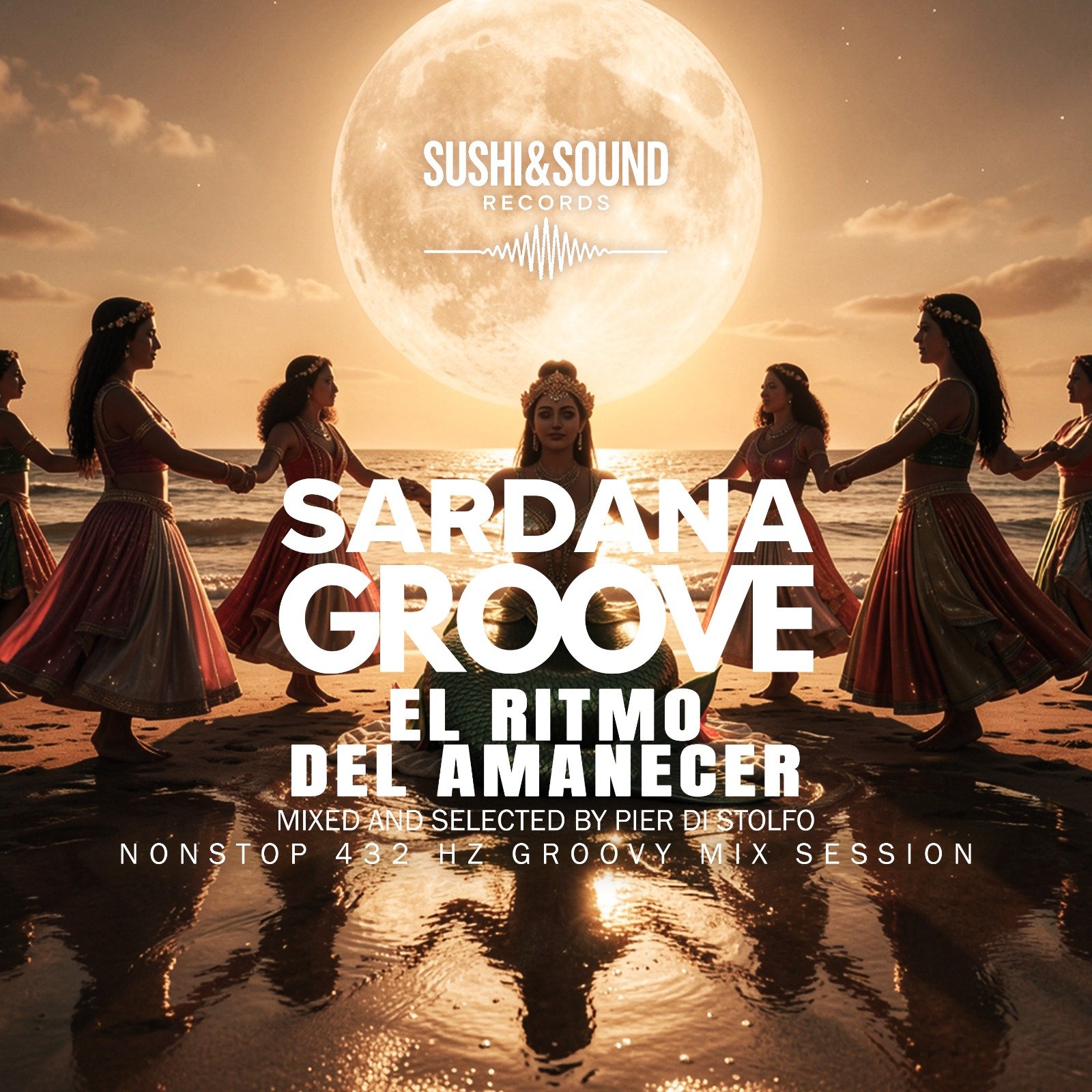 Dancers in colorful skirts form a circle on a moonlit beach at sunset, with a giant full moon and bold event text overlaid on the image.