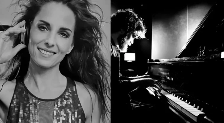 Split image of a smiling female singer wearing headphones on the left and a male pianist playing a grand piano in a dim studio on the right, suggesting a recording session.